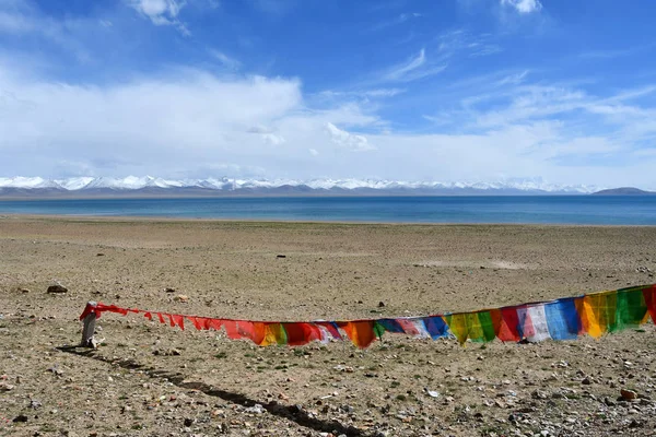 チベット仏教フラグ Tso 湖背景 Tso にマントラと曇りの夏の日 — ストック写真