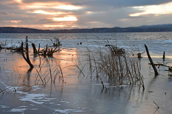 Lac Uvildy Novembre Coucher Soleil Fin Automne Sud Oural Rusie — Photo