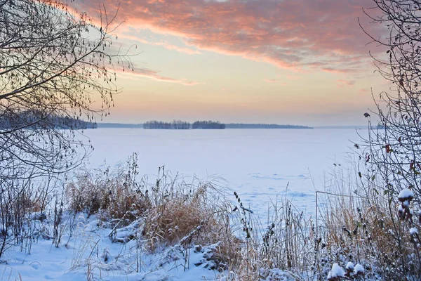 Wschód Słońca Zimowe Jezioro Uvildy Południowego Uralu Obwód Czelabiński Rosja — Zdjęcie stockowe