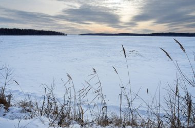 Chelyabinsk bölgesi kış akşamları doğa anıtı Gölü Uvildy. Rusya