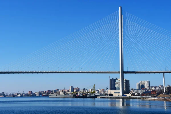 Vladivostok Rusia Enero 2019 Puente Dorado Puente Cable Permanecido Sobre —  Fotos de Stock