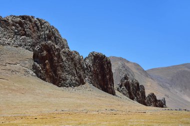 Tibet, yaz aylarında (Nam Tso, Nam Co) Nam-Tso Gölü kıyısında dağ manzarası