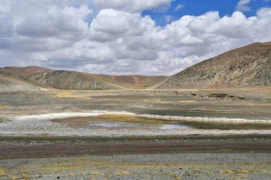 Rakshasa Tal Gölü'nün Güney-Batı kıyısında tuzlu üçgen gölün deposu, Tibet