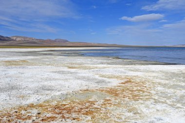 Çin, Tibet. Göl Ngangtse (Nganga Tso (4690 m)) yaz aylarında bulutlu bir gün mağaza
