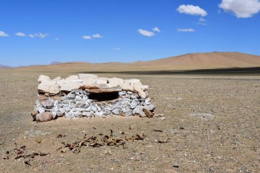 Gomang Gölü kıyısında Tibet dağlarında hayvan kurban yeri