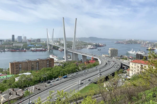 Kabelbrug Zolotoy Rog Bay Churkina Cape Vladivostok Mei Helder Weer — Stockfoto