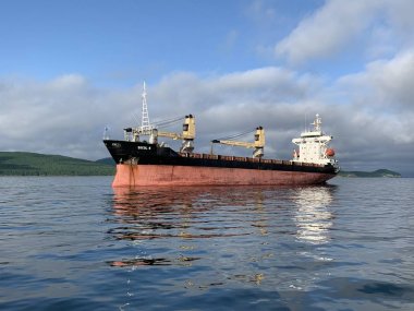 Vladivostok, Rusya, 08.06.2019. Kuru kargo gemisi Sokol 8 yaz sabahı Japon Denizi 'nin ayinin içinde çapa