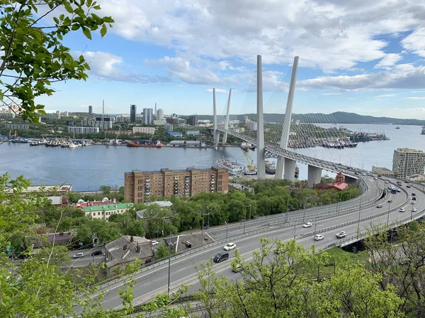 Schrägseilbrücke Über Die Bucht Zolotoy Rog Goldenes Horn Und Tschurkin — Stockfoto