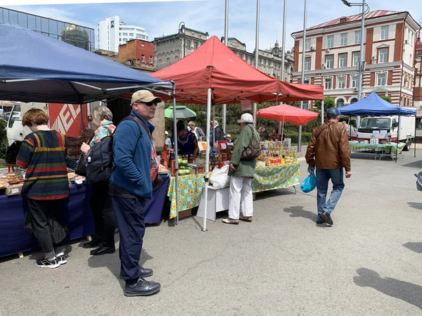 Vladivostok Rusia Mayo 2019 Feria Comida Plaza Central Vladivostok Plaza — Foto de Stock