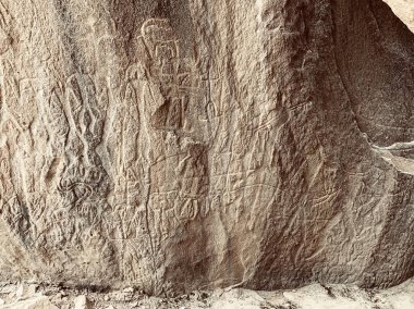 Gobustan, Azerbaycan, 11 Eylül 2019. Gobustan, Azerbaycan 'daki antik petroglifler