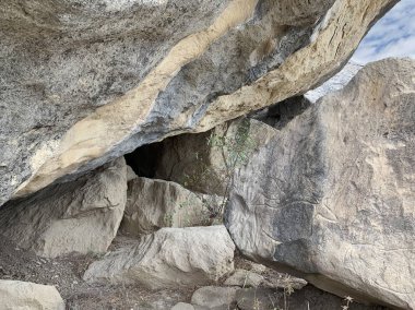 Gobustan, Azerbaycan, 11 Eylül 2019. Gobustan, Azerbaycan 'daki antik petroglifler