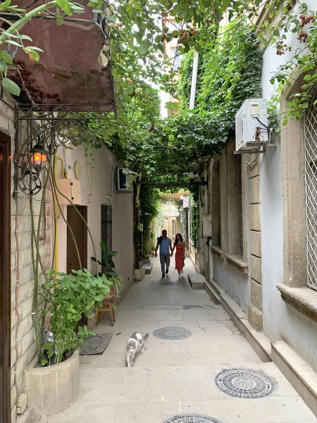Bakú Azerbaiyán Septiembre 2019 Gente Gato Caminando Por Callejón Estrecho — Foto de Stock