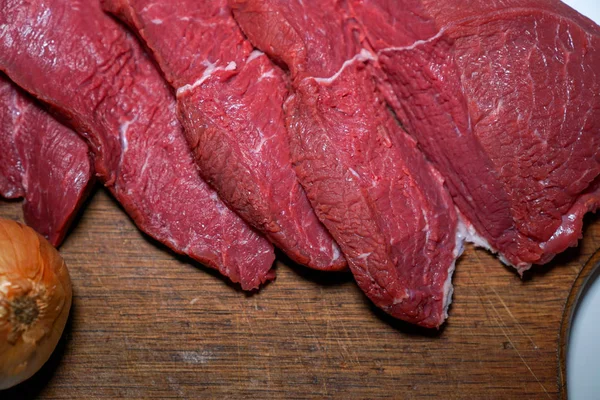 Meat Raw Cutting Board Knife Onion — Stock Photo, Image