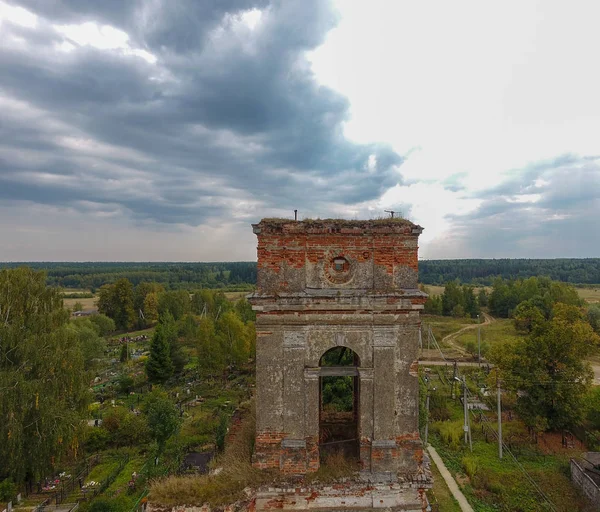 old ruined church, in a cemetery, top view