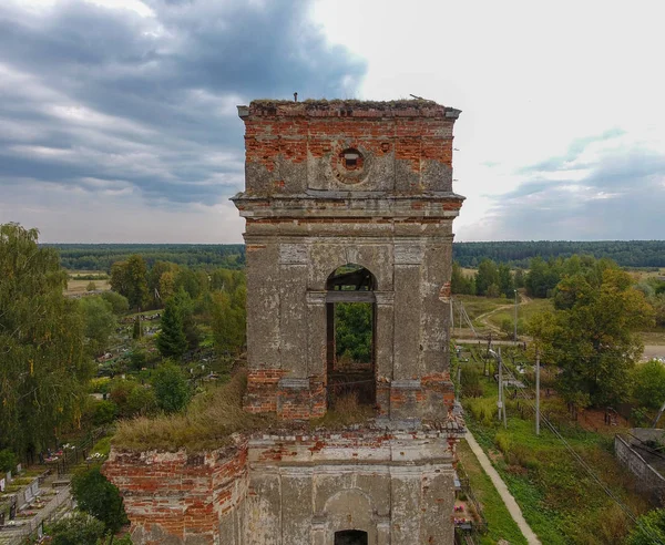 old ruined church, in a cemetery, top view