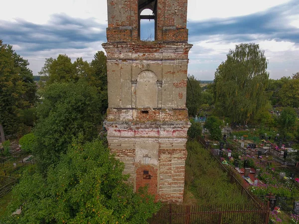 old ruined church, in a cemetery, top view