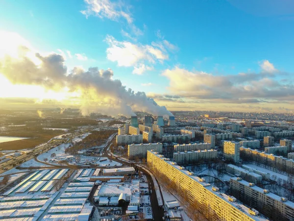 Wärmekraftwerk Der Stadt Moskau Wintersonnenuntergang Blick Von Oben — Stockfoto
