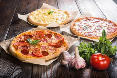 Küçük mini pizza (mini, minyatür). Farklı mini pizza kümesi