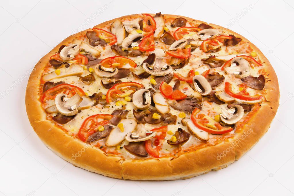 Pizza with meat and mushrooms on a white