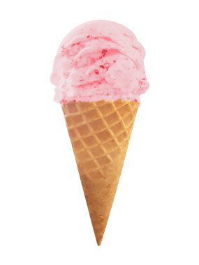 Beyaz arka planda izole edilmiş külahta çilekli dondurma.