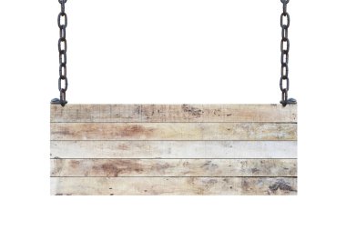 Beyaz arkaplanda izole edilmiş metin için yeri olan zincirlerdeki eski boş tahta tabela tahtası