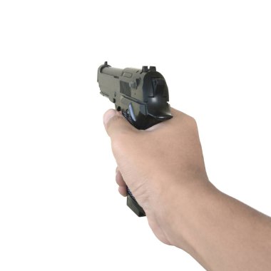 Beyaz arka planda el ele tutuşan silah.