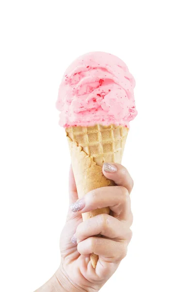 Hand Holding Strawberry Ice Cream Cone White Background — Stock Photo, Image