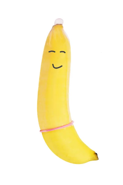 Banane Mit Kondom Lächeln Gesicht Isoliert Auf Weißem Hintergrund — Stockfoto