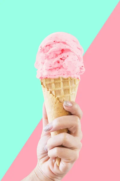 Hand Holding Strawberry Ice Cream Cone Isolated Blue Pink Background — Stock Photo, Image