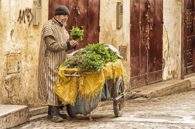 Fez, Fas - 20 Şubat 2017: Fez Medine'de kimliği belirsiz adam, Fas