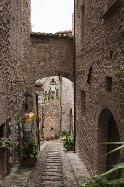 Spektakularny Tradycyjny Włoski Średniowieczny Aleja Zabytkowym Centrum Pięknego Miasteczka Spello — Zdjęcie stockowe