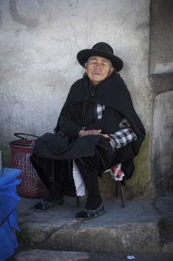 Geleneksel kabile giyim ve şapka ile tanımlanamayan yerli Quechua kadın, yerel Tarabuco Pazar Pazarı, Bolivya - Güney Amerika