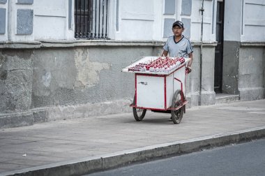 Bolivyalı çocuklar Sucre renkli sprinkles kaplı lezzetli kırmızı şeker elma satan - Bolivya