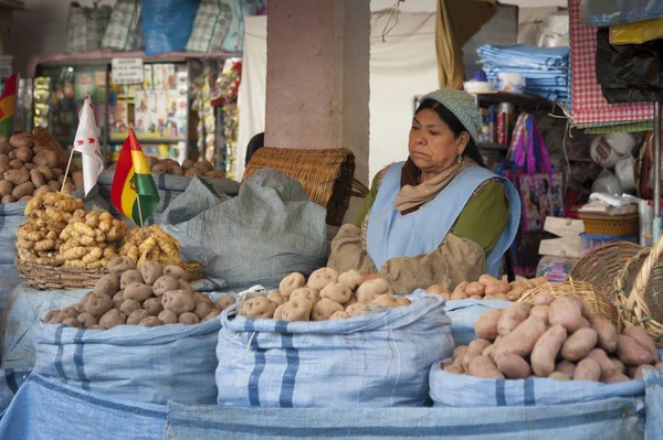 スクレ ボリビア 2017 ボリビアのスクレの中央市場でジャガイモを販売する正体不明のボリビアの女性 — ストック写真