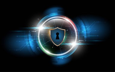 3D Koruma Kalkanı Güvenlik siber dijital soyut teknoloji arka planı sistem yenilik kavramı vektör ilüstrasyonunu koruyor