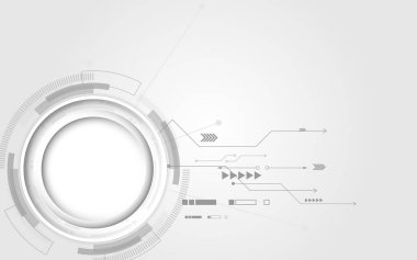  Çeşitli teknoloji elementlerine sahip gri beyaz soyut teknoloji. Yüksek teknoloji iletişim konsepti yenilik arka planı. Tex için boş bir alan çember oluşturun.