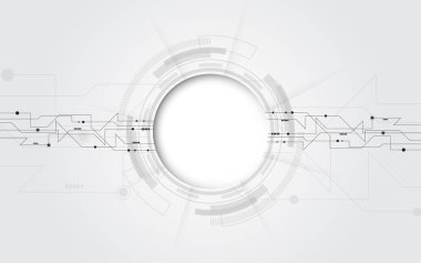  Çeşitli teknoloji elementlerine sahip gri beyaz soyut teknoloji. Yüksek teknoloji iletişim konsepti yenilik arka planı. Tex için boş bir alan çember oluşturun.