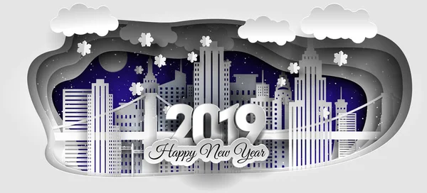 Mutlu neşeli Noel ve yeni yıl 2018/2019 tasarlamak yaratıcı. Kış city. Mutlu yeni yıl 2019 kağıt sanat ve el sanatları tarzı. 
