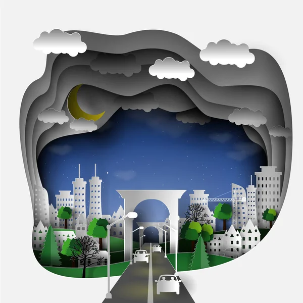 ağaçlar, arabalar evler, gökdelenler ile bir kağıt şehir 3D Illustration. Kağıt resim sanatı tarzında.