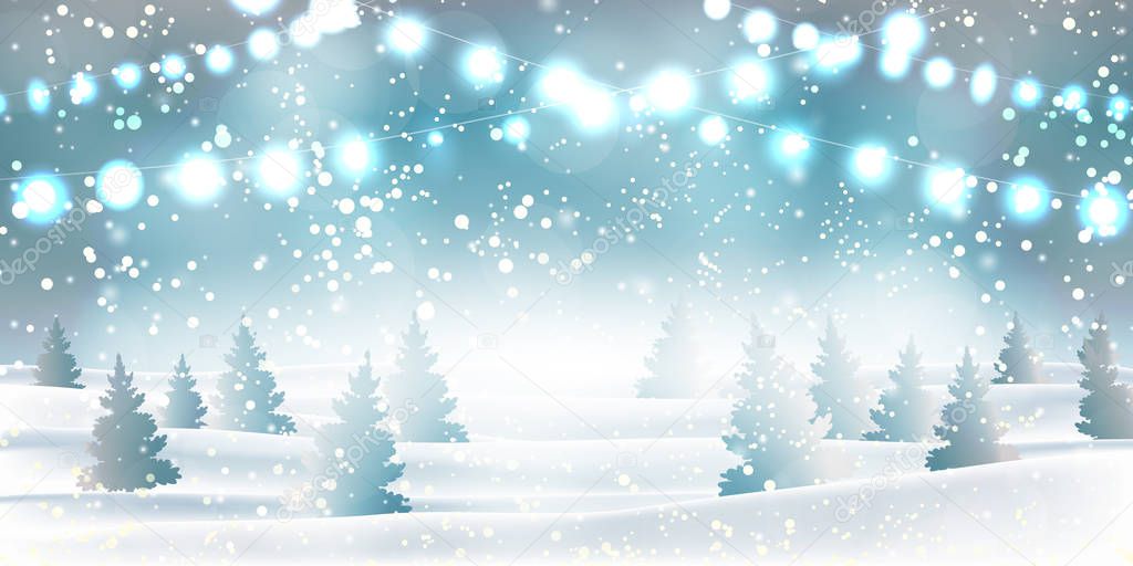 Winter Christmas and new year 2019 background heavy snowfall, snowflakes of different shapes and forms, snowdrifts, garlands, christmas trees. Winter landscape with falling shining beautiful snow.