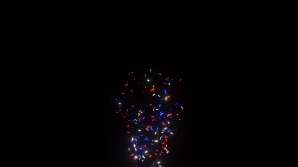 O confete azul, vermelho e branco dispara e cai na tela preta. Brilhante. Animação 3D 4K — Vídeo de Stock