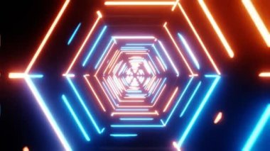 Soyut Neon arka plan. Hexagons koridorundan uçuyor. Dikişsiz 4k animasyon.