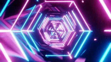 Soyut Neon arka plan. Hexagons koridorundan uçuyor. Dikişsiz 4k animasyon.