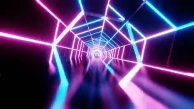 Soyut Neon arka plan. Hexagons koridorundan uçuyor. Dikişsiz 4k animasyon.