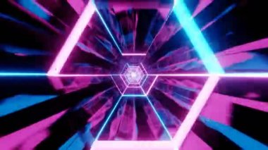 Soyut Neon arka plan. Hexagons koridorundan uçuyor. Dikişsiz 4k animasyon.