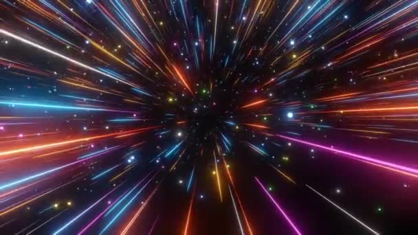 Abstracte Hyper Ruimte Achtergrond Lichtsnelheid Neon Gloeiende Stralen Beweging Bewegen — Stockvideo