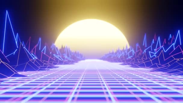 Retro Wave Animation Sun Space Mountains Laser Grid Terrain Loop — Stock Video