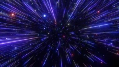 Soyut hiperuzay arka planı. Işık hızı, neon parlayan ışınları ve hareket halindeki yıldızlar. Koyu mavi versiyonu. Yıldızların arasında hareket ediyor. 4k Dikişsiz döngü