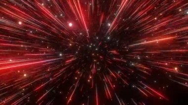 Soyut hiperuzay arka planı. Işık hızı, neon parlayan ışınları ve hareket halindeki yıldızlar. Kırmızı versiyon. Yıldızların arasında hareket ediyor. 4k Dikişsiz döngü