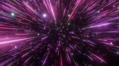 Soyut hiperuzay arka planı. Işık hızı, neon parlayan ışınları ve hareket halindeki yıldızlar. Menekşe versiyonu. Yıldızların arasında hareket ediyor. 4k Dikişsiz döngü